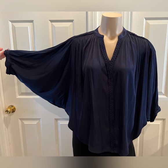 ***S O L D*** Classic Navy Blue Blouse with Bat Wing Sleeves and Braided Trim - Picture 2 of 13